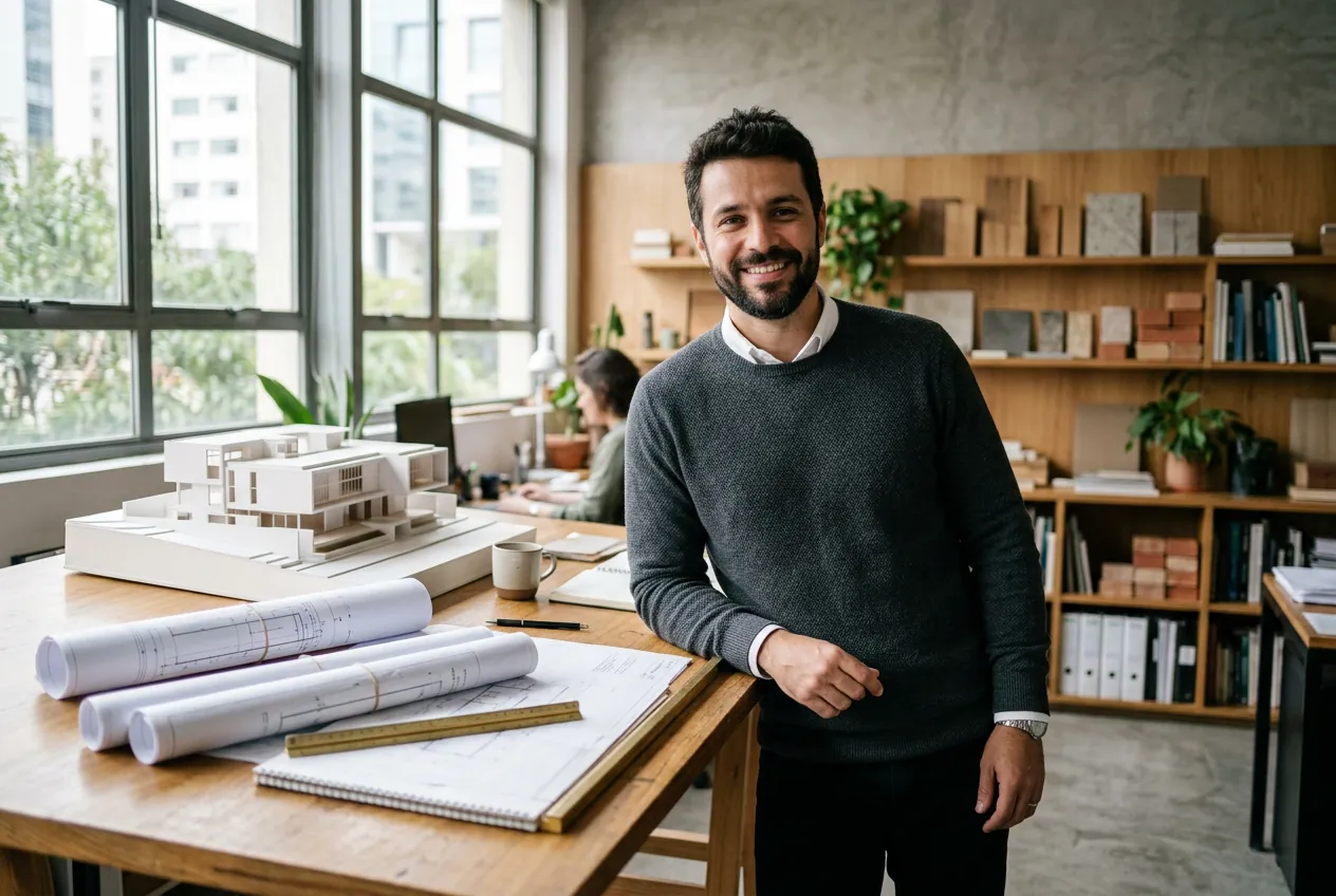 Arquiteto sorrindo em estúdio, apoiado em mesa com maquete, plantas e escalímetro