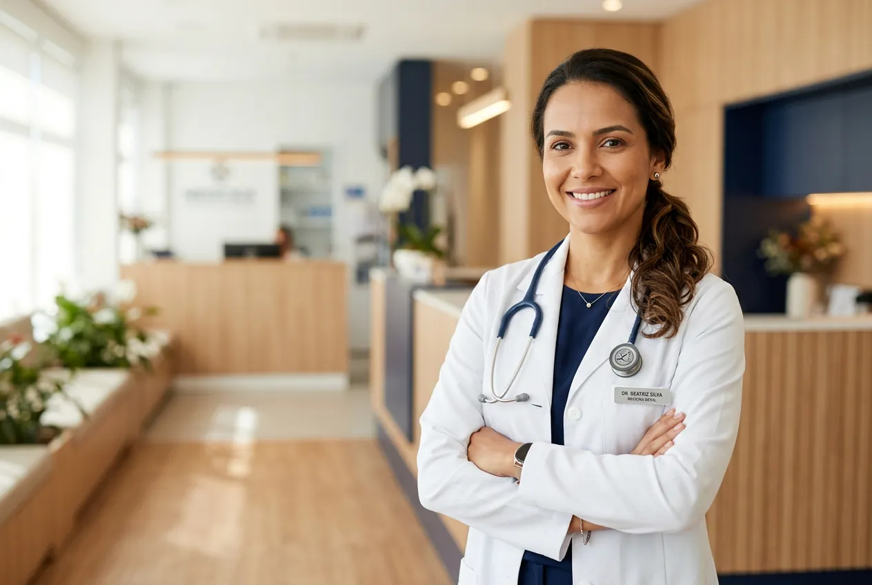 Médica de jaleco branco e estetoscópio em consultório iluminado