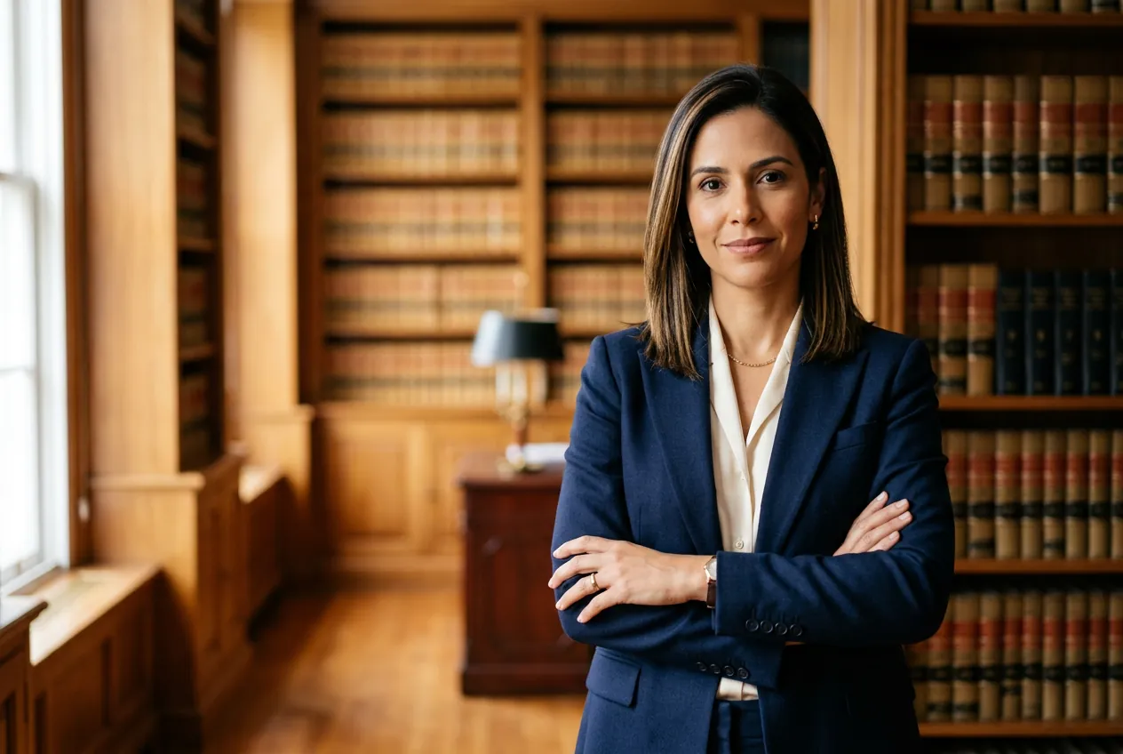 Advogada de blazer marinho em escritório com estantes de livros