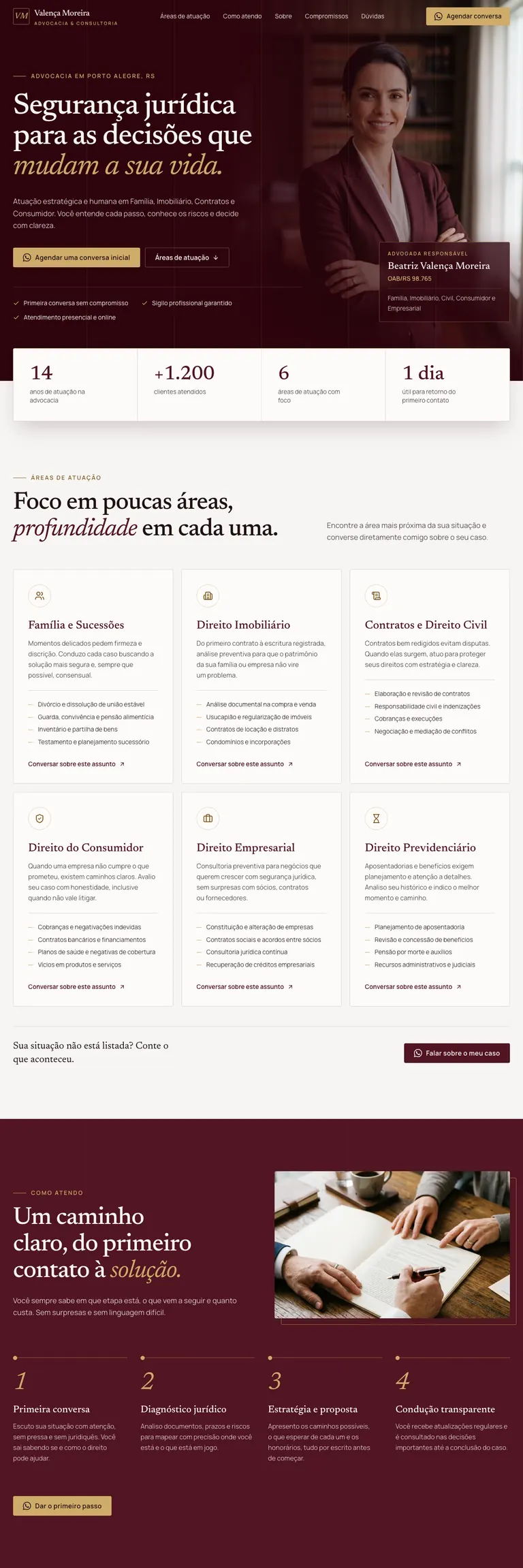 Site de uma advogada em vinho e dourado: retrato da advogada em seu escritório, seis áreas de atuação e o passo a passo do atendimento