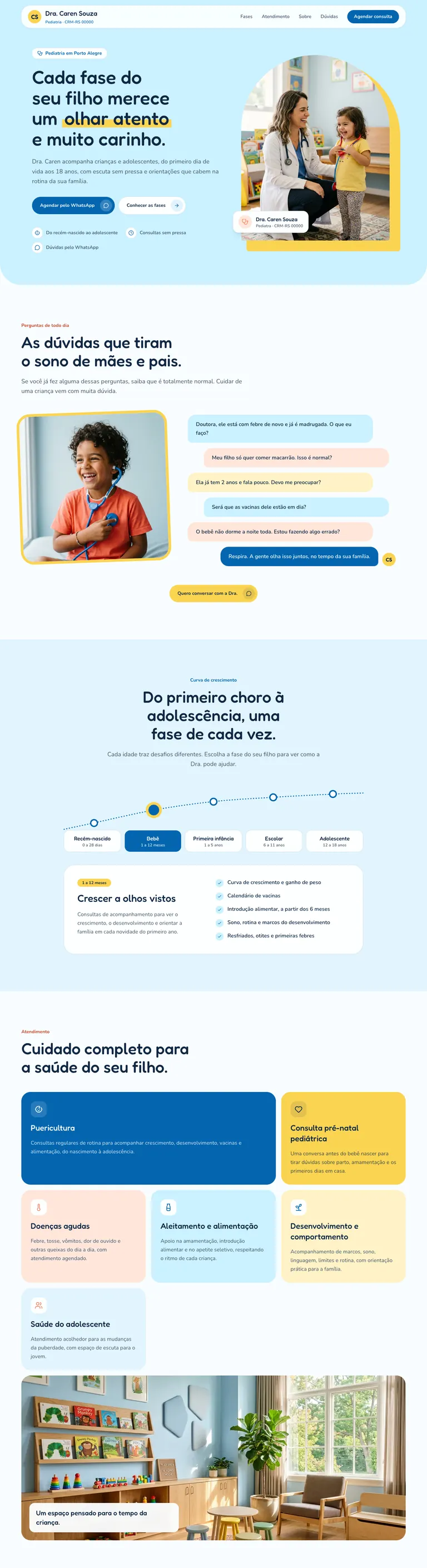 Site de um consultório de pediatria em azul-claro e amarelo: médica sorrindo ao lado de uma criança, perguntas dos pais, fases da infância e serviços de atendimento
